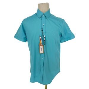 Robert Graham Woven Button Front Short Sleeve Shirt Bozeman Teal Blue  M